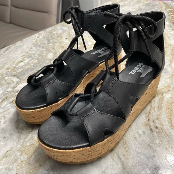 Sorel Cameron Flatform Lace Sandal Women’s Black Classic Gladiator - Picture 1 of 13